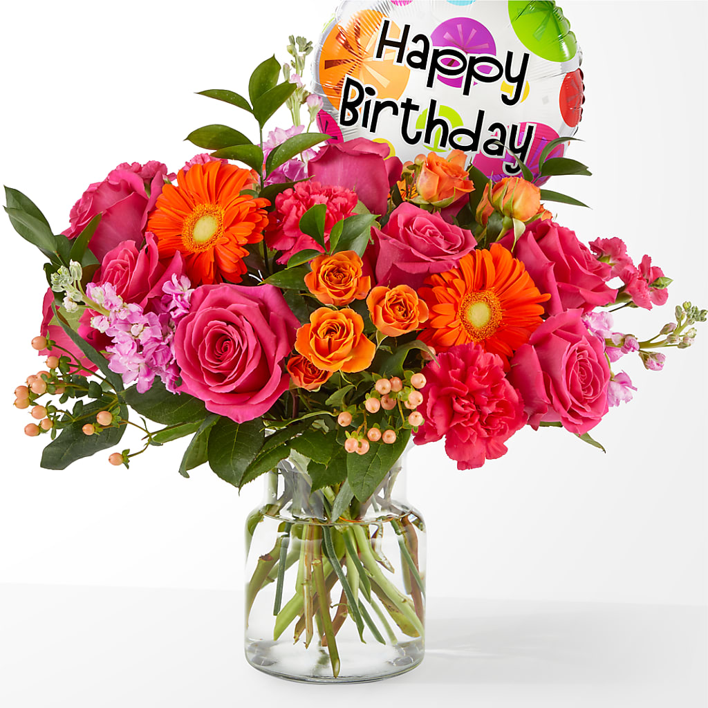 Fiesta Bouquet with Birthday Balloon – The Flower Basket, Hickory NC