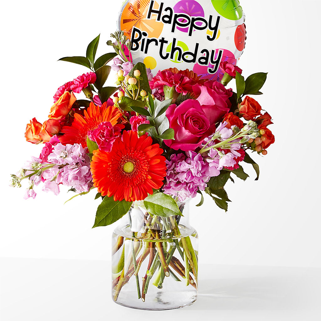 Fiesta Bouquet with Birthday Balloon – The Flower Basket, Hickory NC