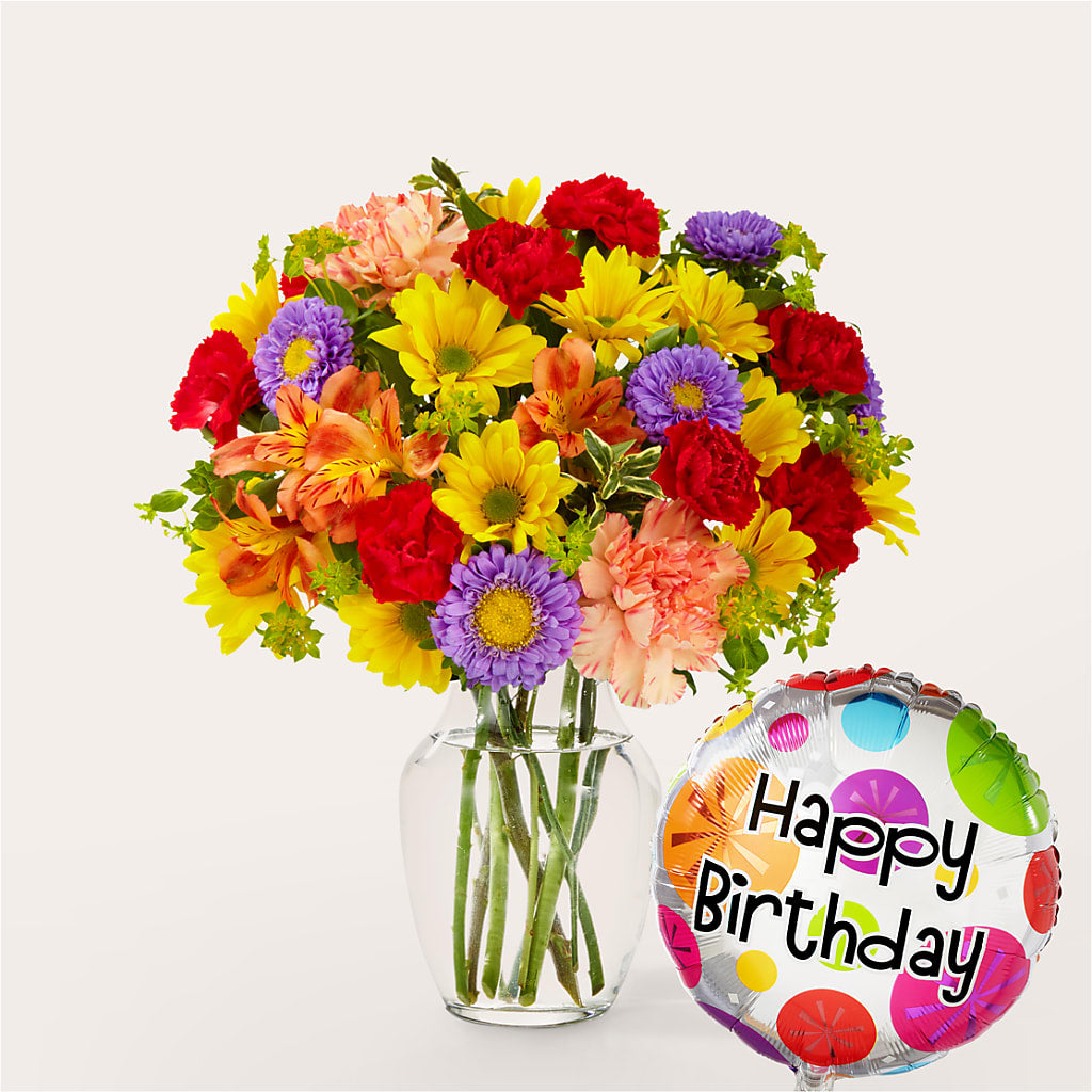 Kaleidoscope Bouquet with Birthday Balloon – The Flower Basket, Hickory NC