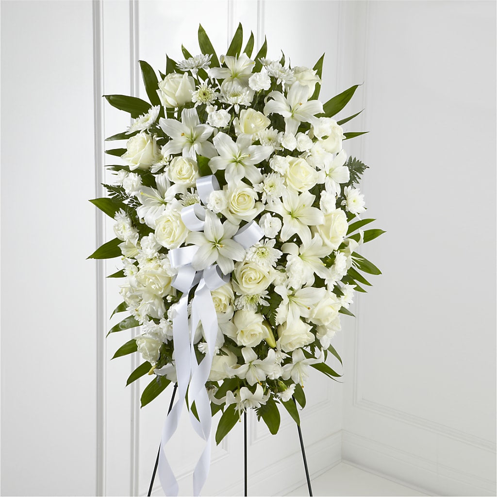 Exquisite Tribute Standing Spray-White Ribbon – The Flower Basket, Hickory NC
